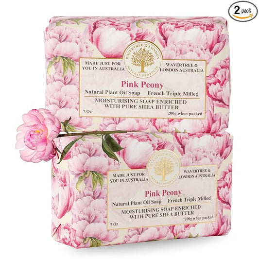Wavertree & London Pink Peony Scented Natural Soap (2 Bars), 7oz Moisturizing French Triple Milled Soap Bars enriched with shea butter - Pure Plant Based Bath & Body Bars for All Skin Types