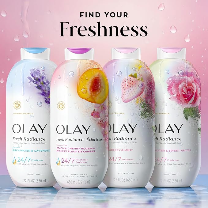 Olay Body Wash for Women, Fresh Radiance, 24/7 Skin-Loving Freshness, Visibly Radiant, Plant Based Cleansers, Vitamin B3 & Antioxidant Blend, For All Skin Types, Peach & Cherry Blossom Scent, 22 fl oz