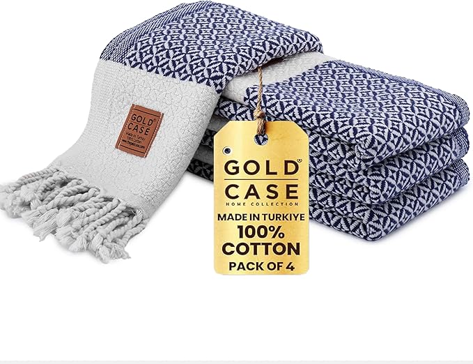 Gold CASE Turkish Hand Towels for Bathroom Set of 4 – 20 x 40'' – 100% Cotton Bathroom Towels – Aphrodite Kitchen Small Towel for Spa, Face, Tea & Dishcloth – Decorative Patterned Weave – Navy Blue