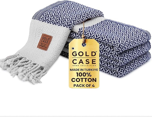 Gold CASE Turkish Hand Towels for Bathroom Set of 4 – 20 x 40'' – 100% Cotton Bathroom Towels – Aphrodite Kitchen Small Towel for Spa, Face, Tea & Dishcloth – Decorative Patterned Weave – Navy Blue