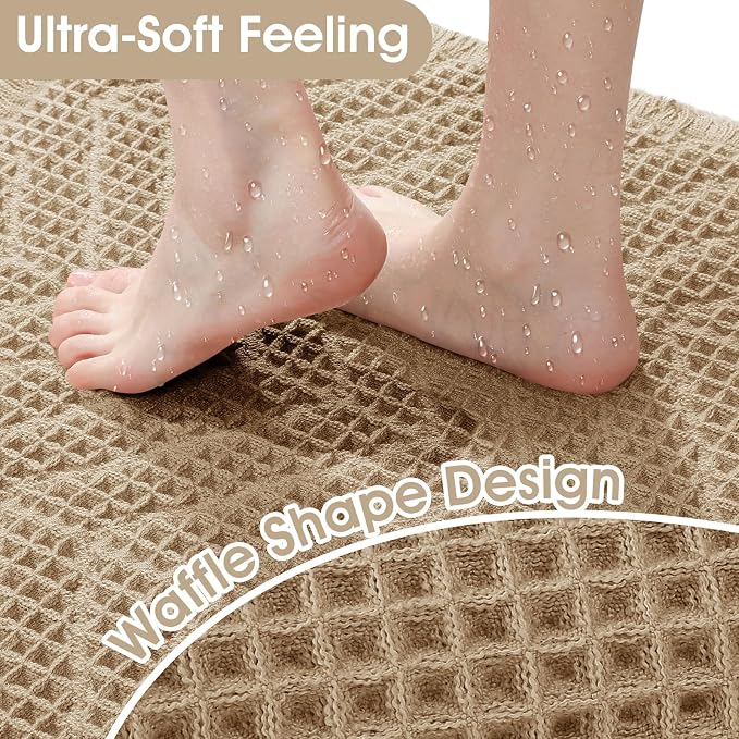 Upgraded Waffle Bath Mat, 32"x20" Beige-Herringbone, Super Absorbent Non-Slip Quick Dry Bathroom Rugs with Tassels, Machine Washable Ultra Soft Boho Bath Rugs, Toilet Mats Boho Farmhouse Decor