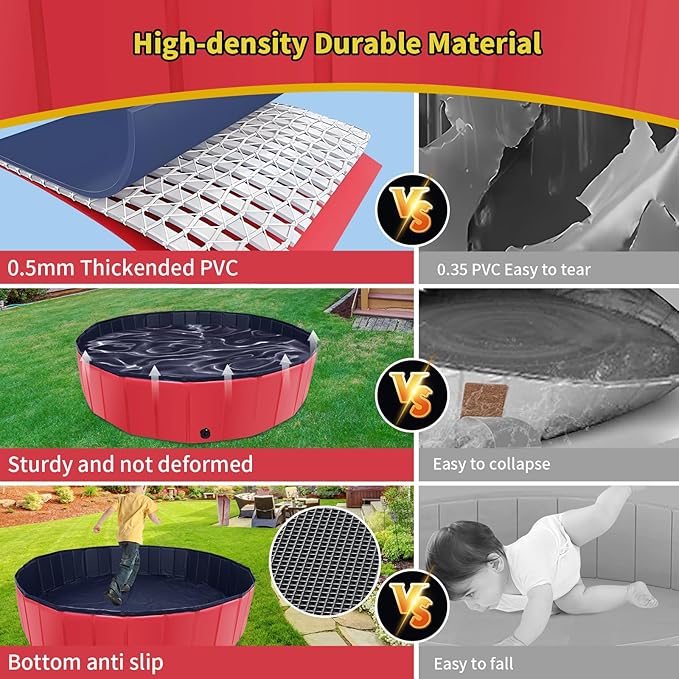 CACSPS Foldable Dog Pool, 79" x 14" Large Kiddie Pool with Hard Plastic, Non-Slip Dog Bath Tub for Outdoor Backyard, Collapsible Dog Swimming Pool for Kids Dogs Pets (Red)