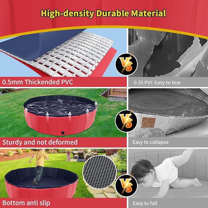 CACSPS Foldable Dog Pool, 63" x 12" Kiddie Pool with Hard Plastic, Non-Slip Dog Bath Tub for Outdoor Backyard, Collapsible Dog Swimming Pool for Kids Dogs Pets (Red)