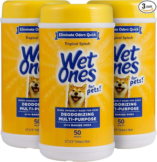 Wet Ones for Pets Deodorizing Multi-Purpose Dog Wipes with Baking Soda, 50 Count - 3 Pack| Dog Deodorizing Wipes for All Dogs in Tropical Splash Scent, Wipes for Deodorizing Dogs