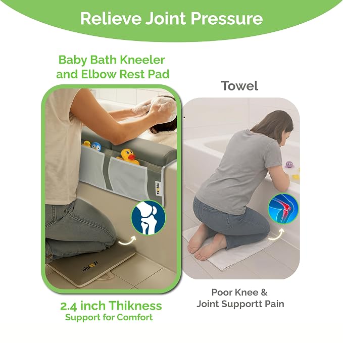 Wobbi Comfortable Bath Kneeler and Elbow Rest Pad Set | 6 Suction Cups for Slip-Resistant Stability | 1.5" Thick Memory Foam Bath Kneeling Pad with 4 Storage Pockets (Grey)
