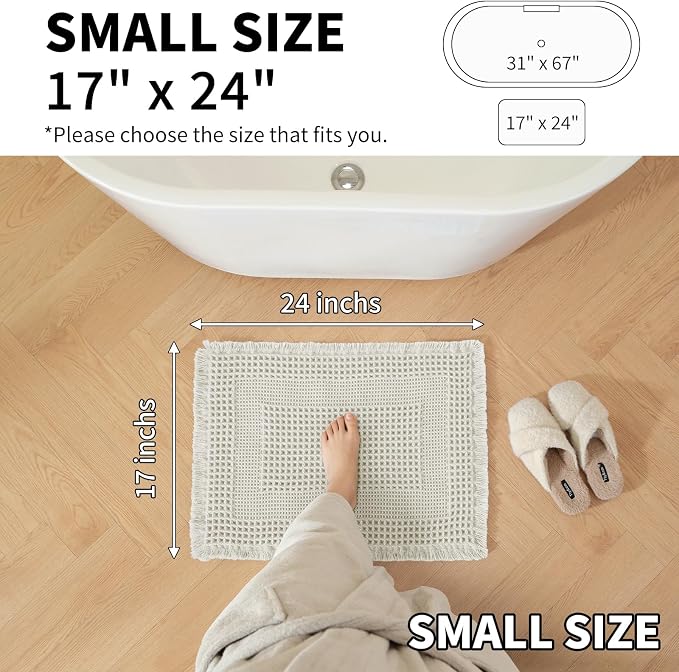 Waffle Bath Mat - Super Water Absorbing Bath Mat Quick Dry, Bathroom Rugs Non Slip Washable with Tassels, Rubber Backed Bathroom Mat for Bathroom Floor, Tub and Shower, 17" x 24", Off-White