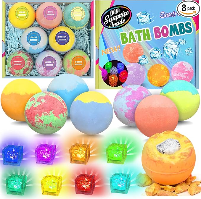 Bath Bombs for Kids with Surprise Toys Inside, 8 Pcs 3.5 Oz Light Up Bath Bombs Gift Set with Essential Oils, Handmade Spa Moisturizing for Women Relaxing, Birthday, Party, Christmas