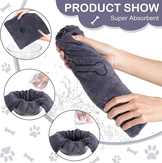 Chumia 8 Pcs Microfiber Dog Towels for Drying Dogs Cats 55 x 28 Inch Pet Towels Bulk for X-Large Puppy Absorbent Fast Drying Paw Bath Bathing Supplies for Pets(Dog Paw and Bone, Gray)
