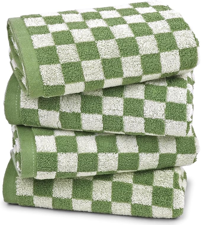 Jacquotha Green Hand Towels for Bathroom Set of 4 | Cute Checkered Bathroom Towels for Kitchen Decor, Lightweight for Bath Face Body