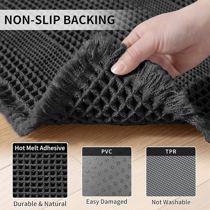 Waffle Bath Mat - Super Water Absorbing Bath Mat Quick Dry, Bathroom Rugs Non Slip Washable with Tassels, Rubber Backed Bathroom Mat for Bathroom Floor, Tub and Shower, 20" x 32", Black