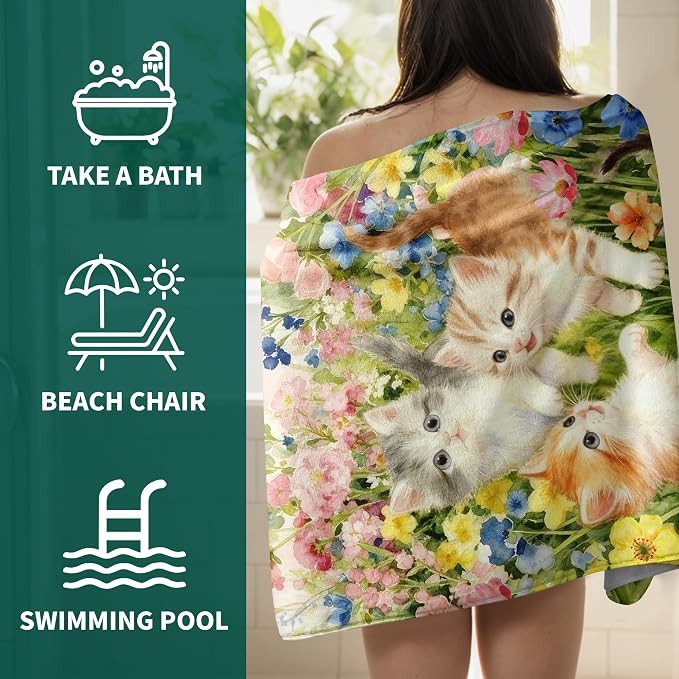 Cute Cat Floral Bath Towels Highly Absorbent Coral Fleece Oversized Bathroom Towel for Cat Lover