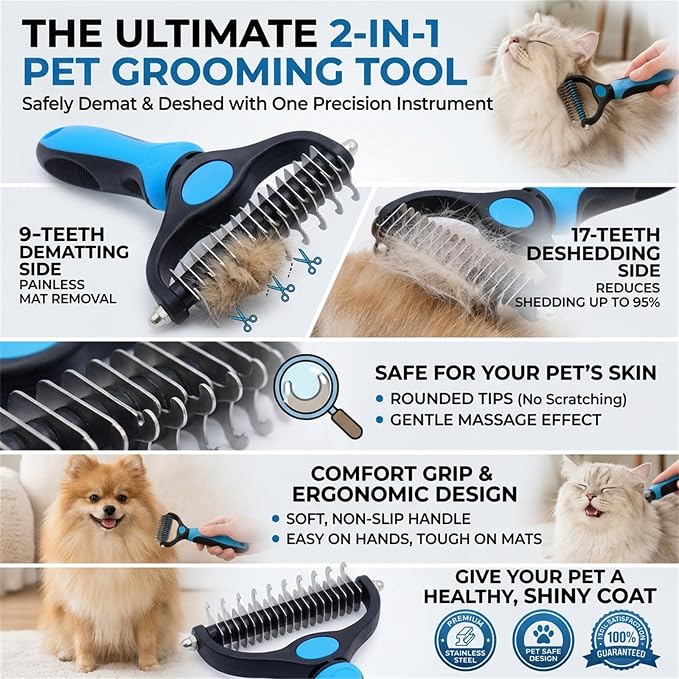 Licklo Pet Hair Remover, Pet Pro 2-in-1 Double-Sided Pet Grooming Tool, Rounded-Tooth Deshedding & Dematting Brush, Painlessly Remove Tangles, Knots & Loose Fur for Dogs & Cats