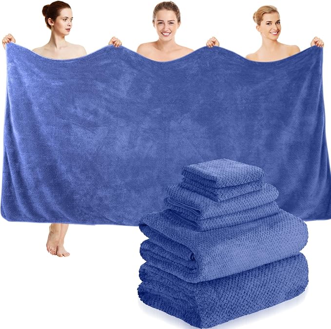 Peryiter 6 Pcs Bath Towel Set Oversized Bath Sheet Super Soft Microfiber Bathroom Sheets for Adults Quick Dry Highly Absorbent Shower Towel Sets for Bathroom Dorm Spa Gym Hotel Yoga(Dark Blue)