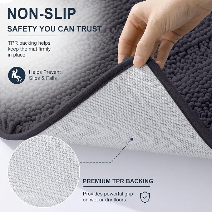 Smiry Thick Chenille Bathroom Runner Rugs 47x17, Extra Absorbent Striped Bath Mat, Machine Washable, Rubber Backing, Long Bath Rugs for Tub & Shower, Modern Home Decor Accessories, Dark Grey