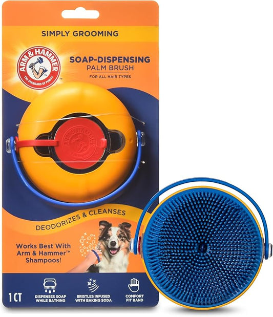Arm & Hammer Soap Dispensing Dog Bath Brush with Baking Soda, Fill with Any Dog Shampoo, Silicone Scrubbing Nubs for Lathering & Deodorizing, Easy Grip Palm Brush for All Coat Types