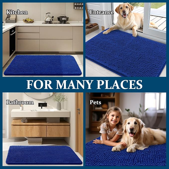 OLANLY Dog Door Mat for Muddy Paws 40x32, Absorbs Moisture and Dirt, Absorbent Non-Slip Washable Doormat, Quick Dry Chenille Mud Mat for Dogs, Entry Indoor Entryway Carpet for Inside Floor, Royal Blue
