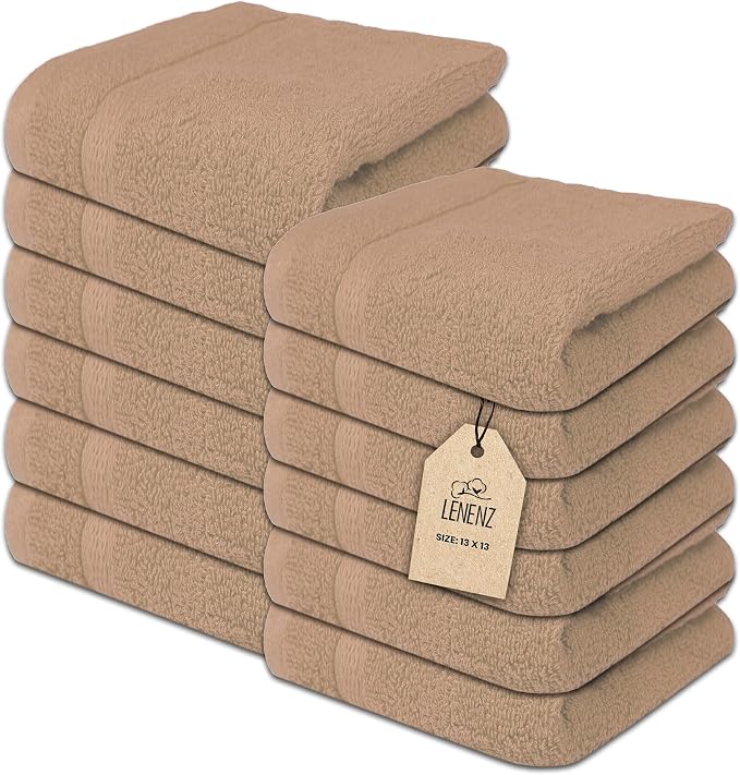 Soft Wash Cloths - 12 Pack Plush and Absorbent Cotton Washcloths for Face, Body, and Baby - Multi-Purpose, Quick-Dry Wash Cloths Set 13x13'' (Beige)