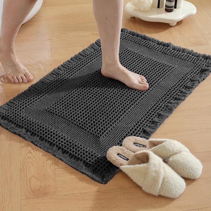 Waffle Bath Mat - Super Water Absorbing Bath Mat Quick Dry, Bathroom Rugs Non Slip Washable with Tassels, Rubber Backed Bathroom Mat for Bathroom Floor, Tub and Shower, 24" x 72", Black