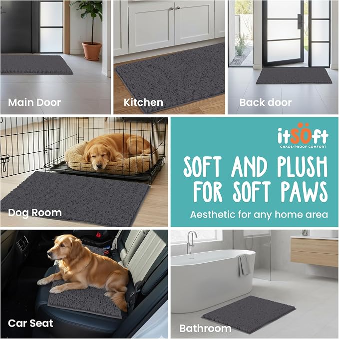 Dog Rugs for Muddy Paws 25x18 | Cleaner Mud Free Floors | Muddy Dogs Mats for Indoor, Dog Mat for Muddy Paws Door Mat Washable, Absorbent Chenille Mud Rug Paw Matt w/ Non Slip Backing, Charcoal Grey