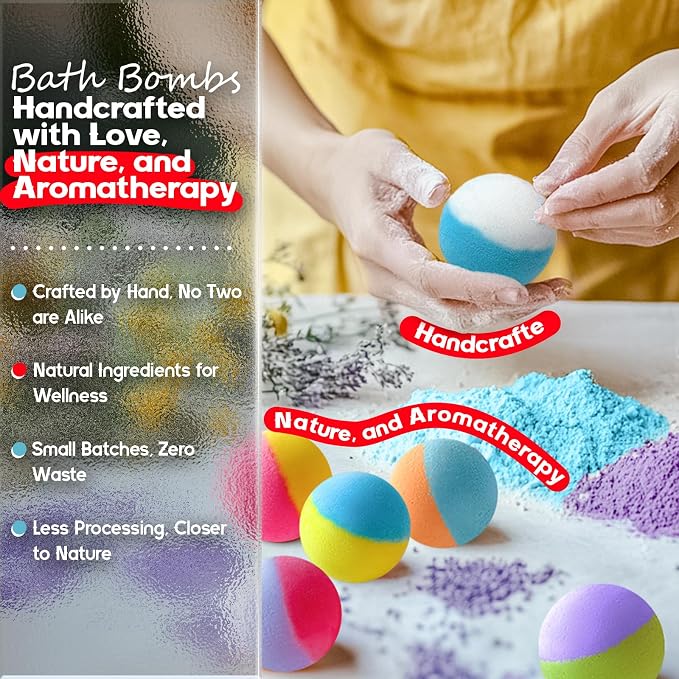 64 Pack Natural Bath Bombs Bulk Set – 8 Scents, Organic Ingredients, Long-Lasting Bubbles, Relaxing Gifts for Women & Men, Self-Care, Birthday, Christmas & Stocking Stuffers