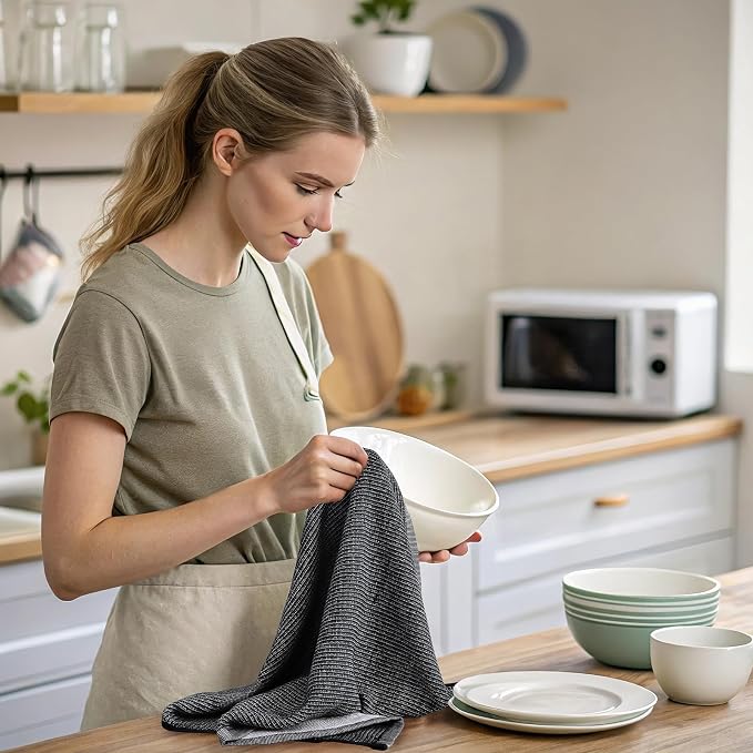 Mordimy Premium Kitchen Towels 6 Pack (18 x 28 Inches, Black), Large Cotton Kitchen Hand Towel, Flat & Terry Dish Towels for Drying Dishes, Super Absorbent Tea Dishtowels Set with Hanging Loop