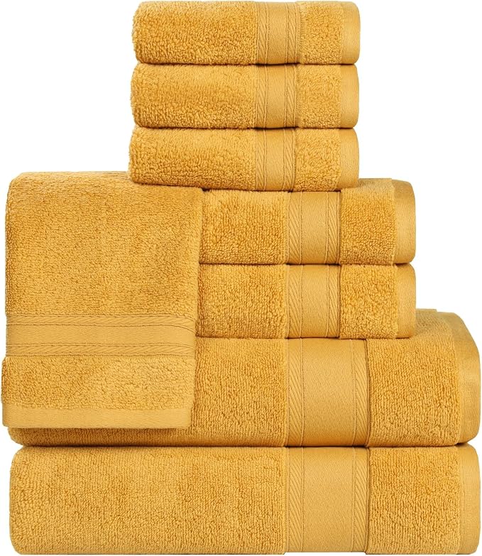 Superior Belmont Zero Twist Cotton Medium Weight Towels, for Guest Bath, Bathroom, Shower, Spa, Plush, Quick Dry, Ultra-Soft Towels, Bath Essentials, Thick Border, 8 Piece Assorted Towel Set, Gold