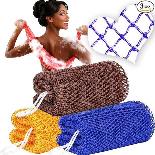 African Net Sponge Authentic, 3 Pcs Exfoliating Net Sponge for Bath, 45 Inch Long Stretch Back Scrubber for Women and Men, Exfoliating Shower Scrubber (Brown+Blue+Gold, 3 Packs)