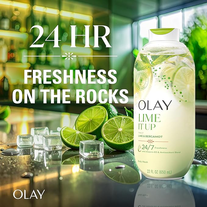 Olay Body Wash for Women, 24/7 Skin-Loving Freshness, Miami Mocktails, Plant Based Cleansers, Vitamin B3 & Antioxidant Blend, For All Skin Types, Lime It Up with Bergamot Scent, 22 fl oz