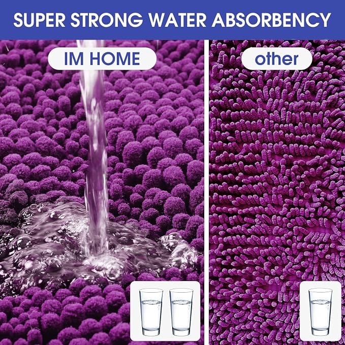 ACCUMTEK Striped Purple Bathroom Rug Set 3 Pieces Ultra Soft, Non Slip Chenille Toilet Mat, Absorbent Plush Shaggy Bath Mats for Bathroom, Bedroom, Kitchen