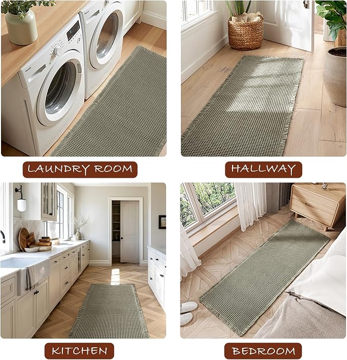 DWCN Set of 2 Waffle Bathroom Mats, Non Slip Bath Rug Set for Bathroom Floor, Super Absorbent Shower Mats for Tub, Washable Kitchen Rugs for Farmhouse Style, 16" x 24" Plus 24" x 60", Olive Green