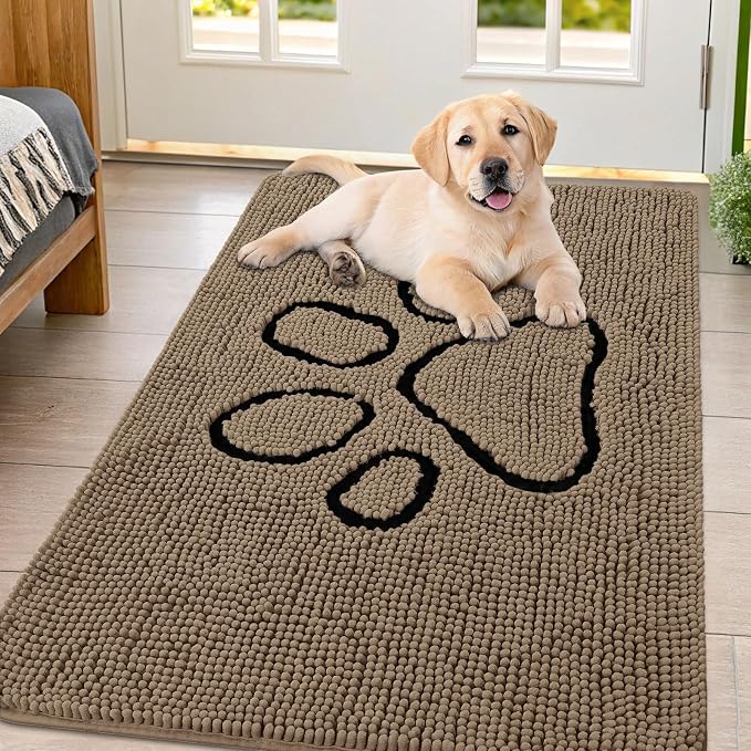 Smiry Dog Door Mat for Muddy Paws, Absorbent Dirt Trapper Non Slip Quick Dry Washable Chenille Mat for Mud Dogs, Entry Rug for Indoor and Outdoor (44x32 Inches, Camel and Black)