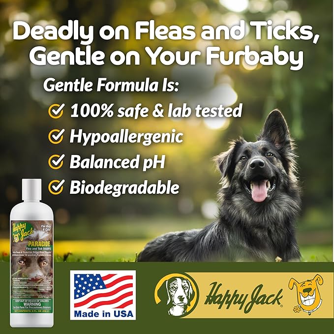 Happy Jack Paracide Flea & Tick Shampoo for Dogs & Cats, 8 oz | Medicated Treatment, Kills Fleas, Ticks & Mites on Contact, 30-Day Prevention, Deep Coat & Skin Protection, Sensitive Pets