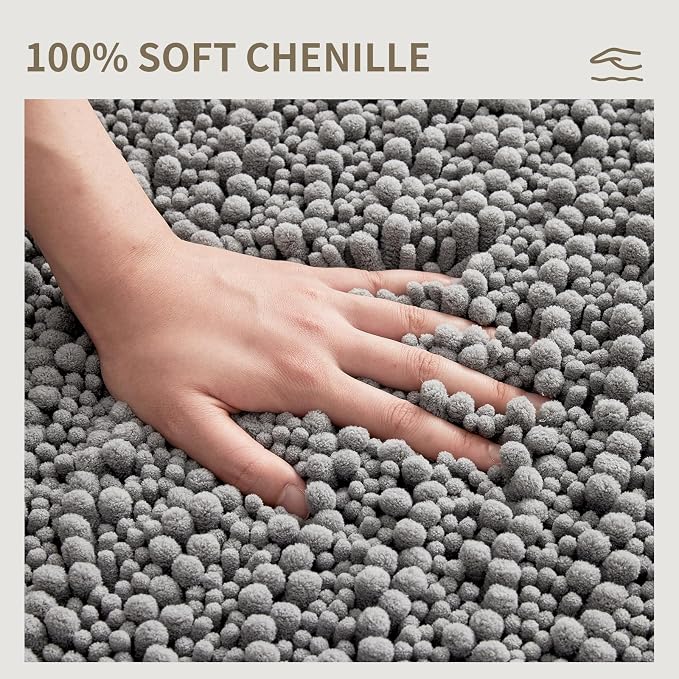 Bathroom Rugs Non Slip Washable 32x20, Extra Thick Soft Chenille Absorbent Bath Mat, High Density Barrier Non Slip Backing, Quick Dry Plush Shaggy Floor Carpet for Tub&Shower, Grey