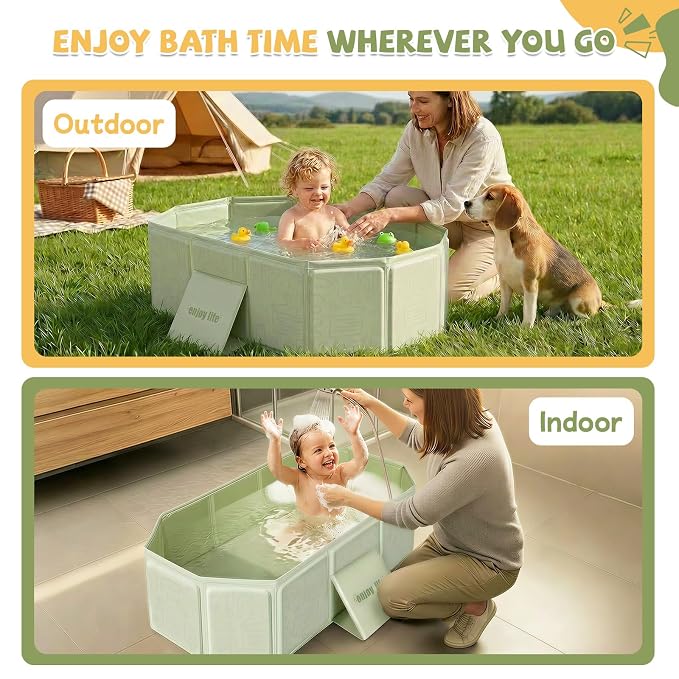 Orzbow Toddler Bathtub, Collapsible Baby Bathtub with Non-Slip Base, Portable Bath Tub for Kids Infant 12 Months+ Travel, Easy to Clean, Stable & Durable, Space-Saving, Green