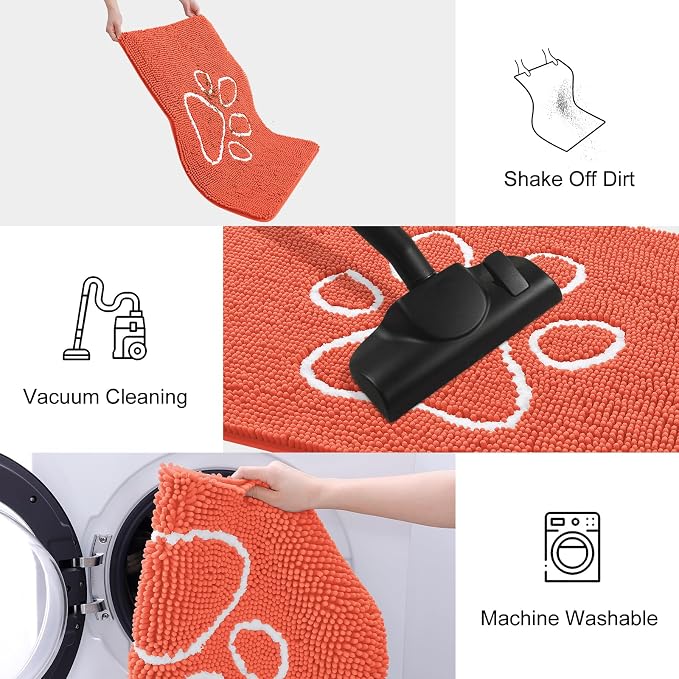 Smiry Dog Door Mat for Muddy Paws, Absorbent Dirt Trapper Non Slip Quick Dry Washable Chenille Mat for Mud Dogs, Entry Rug for Indoor and Outdoor (30x20 Inches, Coral and White)