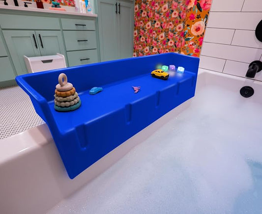 Tub Topper Kids Bathtub Splash Guard, Shelf & Toddler Bath Toy Tray - Blue | Toddler Bath Tray & Ledge Organizer, Strong Suction Cups, Patented Lip Design, Kids Bathroom Accessory Storage, Made in USA