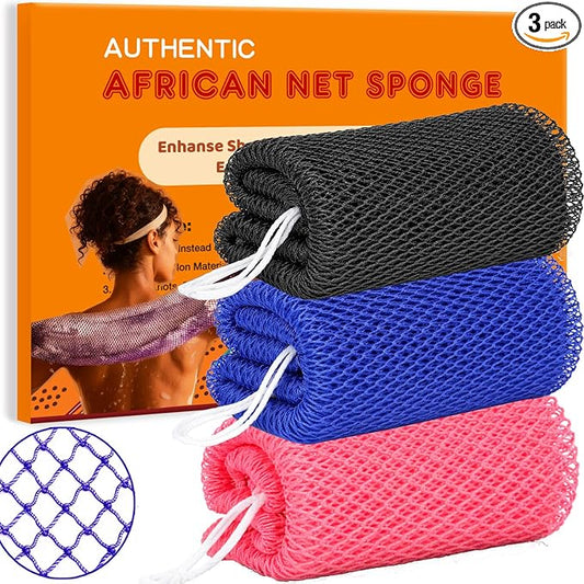 African Net Sponge Authentic, 3 Pieces African Exfoliating Net Sponge Body Back Scrubber Exfoliating Washcloth for Shower Bath for All Types Skin (Black+Pink+Blue, 3 Pcs)