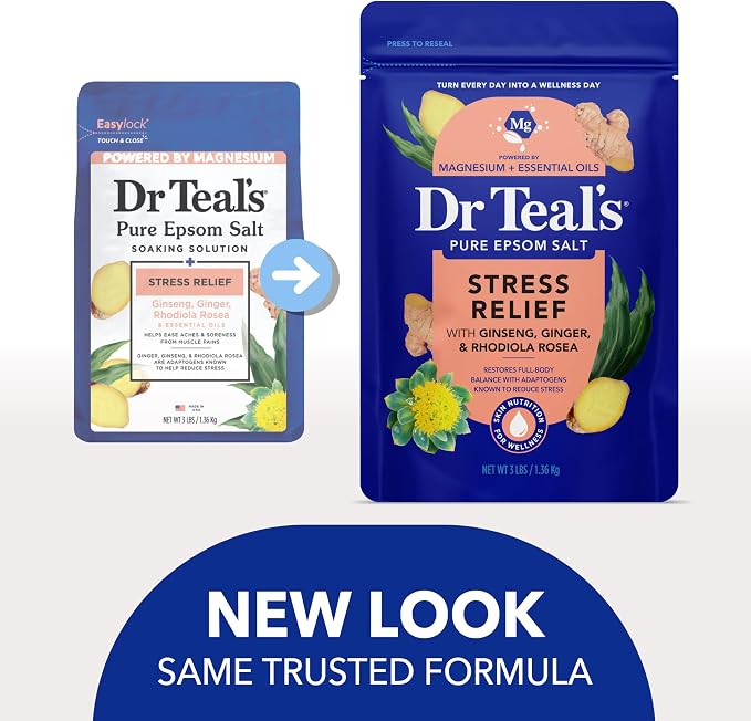 Dr Teal's Epsom Salt Magnesium Soak, Salt Stress Relief with Ginseng & Ginger Essential Oils, 3 lbs (Pack of 4)