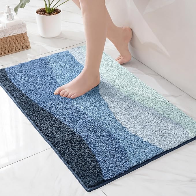 Exclusivo Mezcla Bathroom Rugs Mat 20x30, Extra Soft Non Slip Absorbent Microfiber Bath Rugs, Machine Washable Quick Dry Bath Mats for Bathroom Floor, Shower, Home Decor, Waved Blue