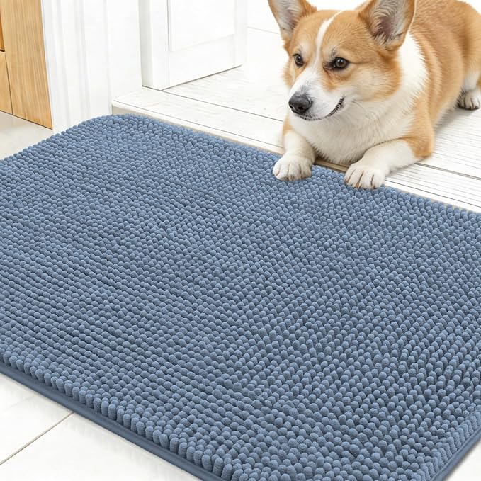 OLANLY Dog Door Mat for Muddy Paws 30x17, Absorbs Moisture and Dirt, Absorbent Non-Slip Washable Doormat, Quick Dry Chenille Mud Mat for Dogs, Entry Indoor Entryway Carpet for Inside Floor, Airy Blue