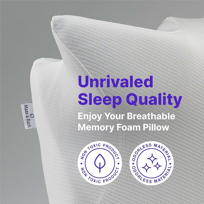 MAAS & BATH Ergo Z Pillow - 2-in-1 Ergonomic Pillow Made for Any Sleep Position, Breathable 100% Memory Foam, Inner Cover, Lightweight, Non-Toxic, Odorless Sleep-Friendly Support