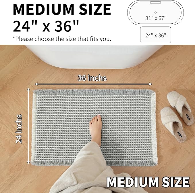Waffle Bath Mat - Super Water Absorbing Bath Mat Quick Dry, Bathroom Rugs Non Slip Washable, Rubber Backed Bathroom Mat for Bathroom Floor, Tub and Shower, 24" x 36", Light Grey & White