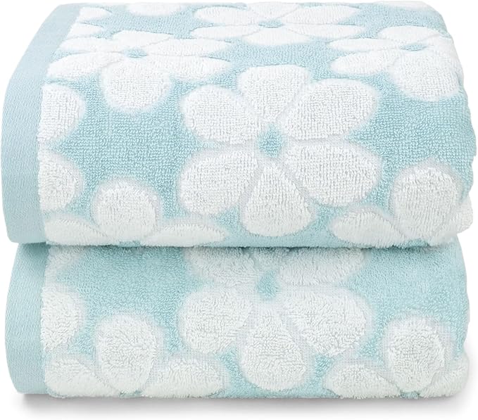 Cotton Towels for Bathroom Decor with Floral Jacquard, Super Soft and Absorbent Bath Towel Set of 2, Large Size 27.5x55 Inches