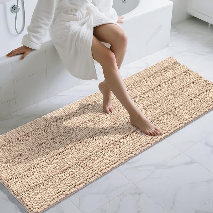 Yimobra Chenille Extra Long Bathroom Runner Rug 70 x 24, Ideal for Large and Master Bathrooms, Tub-to-Vanity Use and Long Walkways, Non-Slip Super Absorbent Quick Dry, Ultra Plush Bath Runner, Beige