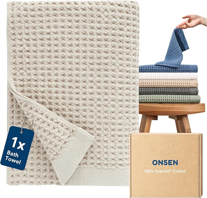 ONSEN Supima® Waffle Bath Towel, Large, Quick Dry Lint Free 100% USA Cotton, Lightweight Absorbent Bath Towel, 31x57 in (Oatmeal, 1x Bath Towel)