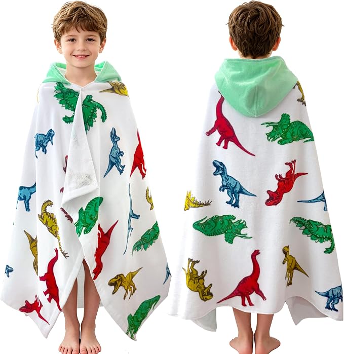 VOOVA & MOVAS Hooded Bath Towel for Kids (3-8 Years) – 100% Cotton Soft Absorbent Swim Towel (30"x50") – Perfect for Pool, Beach, Bath,Dino