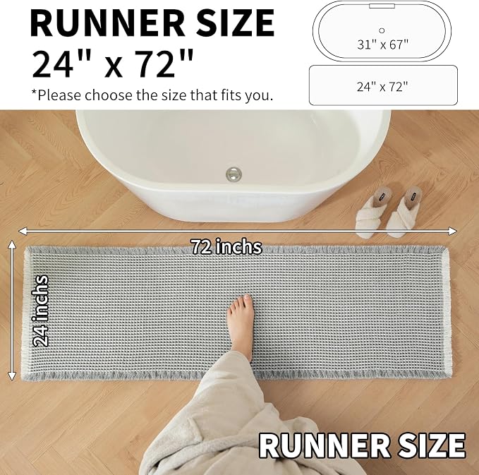 Waffle Bath Mat - Super Water Absorbing Bath Mat Quick Dry, Bathroom Rugs Non Slip Washable, Rubber Backed Bathroom Mat for Bathroom Floor, Tub and Shower, 24" x 72", Light Grey & White