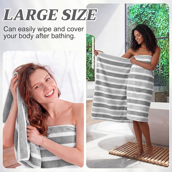 6 Pcs Oversized Bath Towels for Adults 35x70 Inches Gray & White Striped Extra Large Bath Towel Sets Bathroom Sheets Jumbo Shower Towels Quick Dry Absorbent Soft Microfiber for Women Men