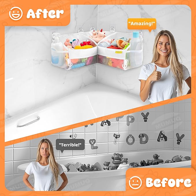 3 Compartments Bath Toy Storage Corner Bath Toy Holder for Bathtub, Kids Tub Toys Organizer with Adhesive Hooks, Quick-Drying Machine-Washable Mesh Bathroom Organizer for Tidy Bathtub