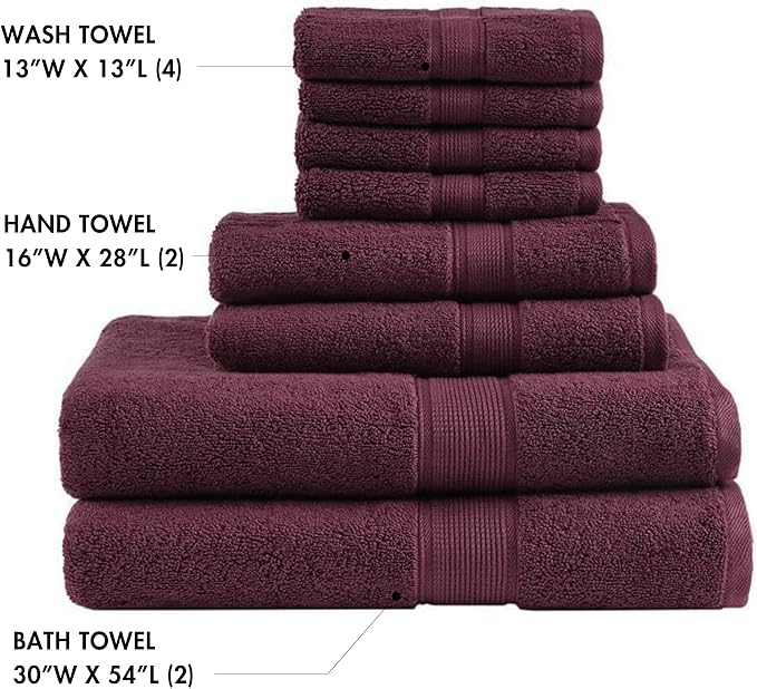 Madison Park 800GSM Bathroom Towel Set of 8 100% Cotton Bath Towel Set for Bathroom Luxurious Highly Absorbent 2 Bath Towels 2 Hand Towels 4 Washcloths Quick Dry Spa Quality Burgundy
